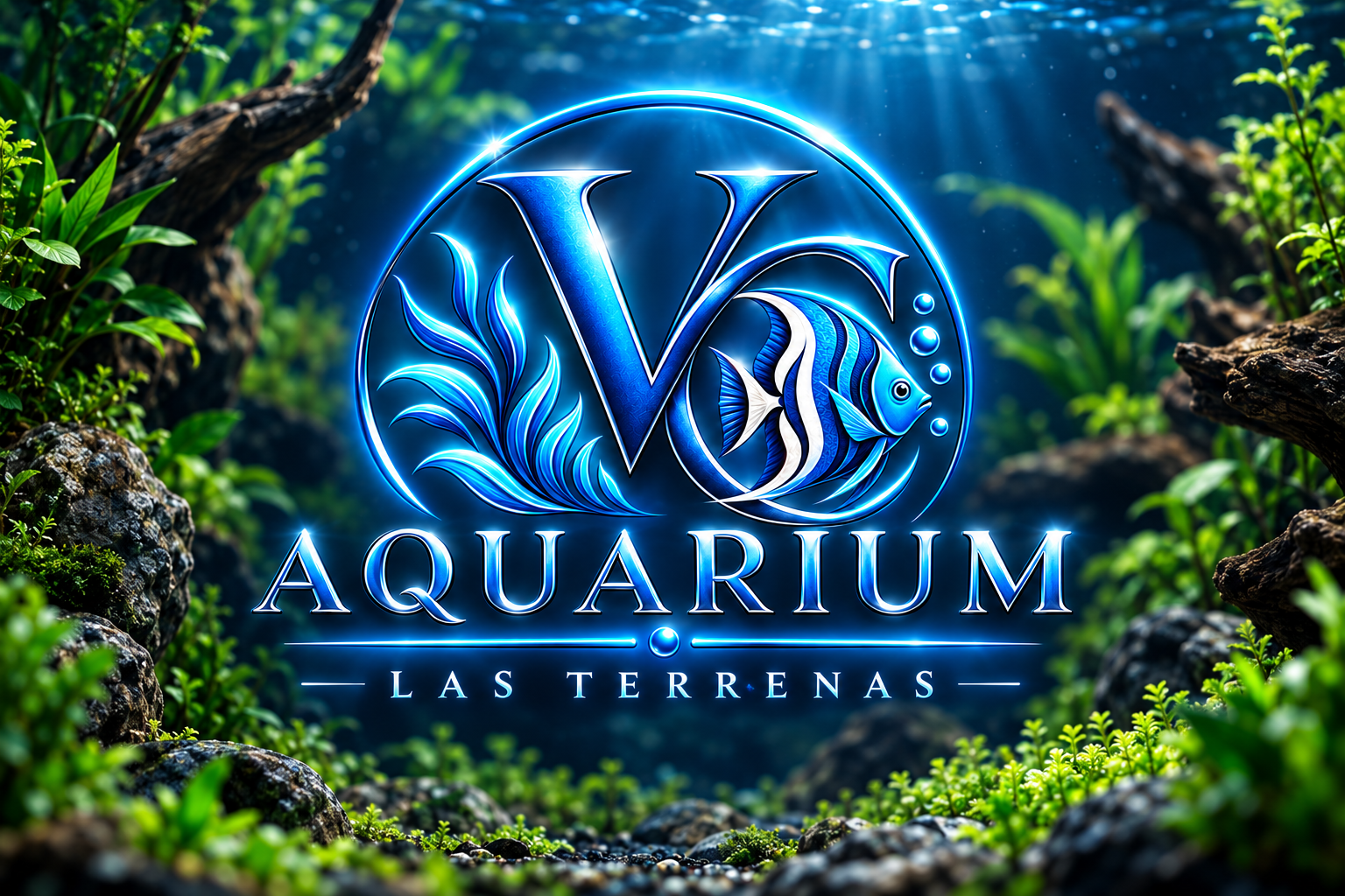 Logo VC Aquarium Las Terrenas sur fond d’aquarium planté